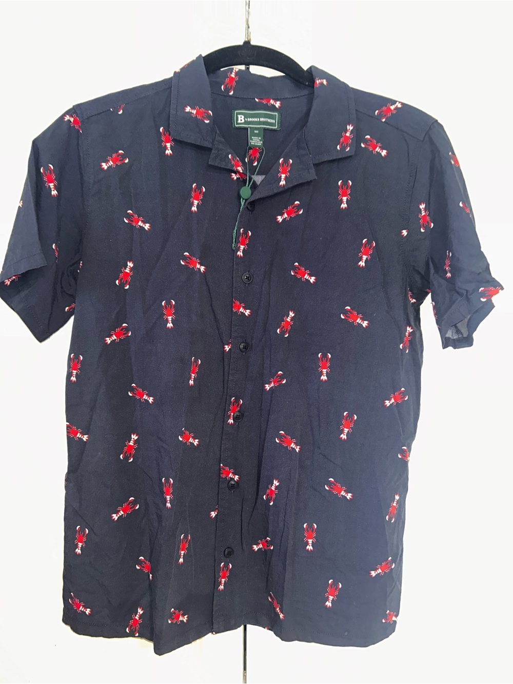 Brooks Brothers Navy Short-Sleeve Button-Up Shirt with Red Lobster Print